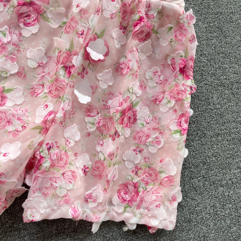 Clothland Sweet Appliqued Floral Blouse Suit Two Piece Pink Set Long Sleeve Shirts Mini Shorts Spring Set TZ228