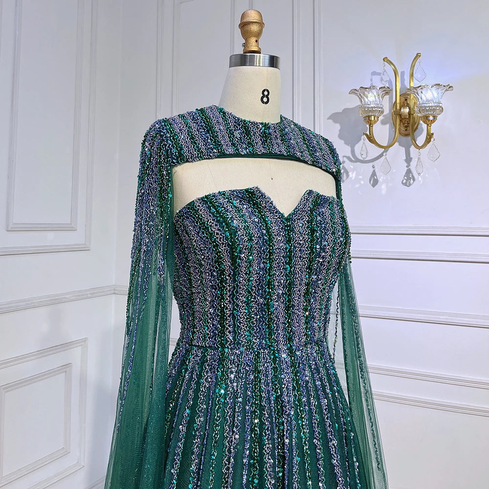 Arabic Green Cape Sleeves A Line Beaded Evening Dresses Long 2023 Celebrity Gowns For Woman Wedding Party BLA71912 Serene Hill