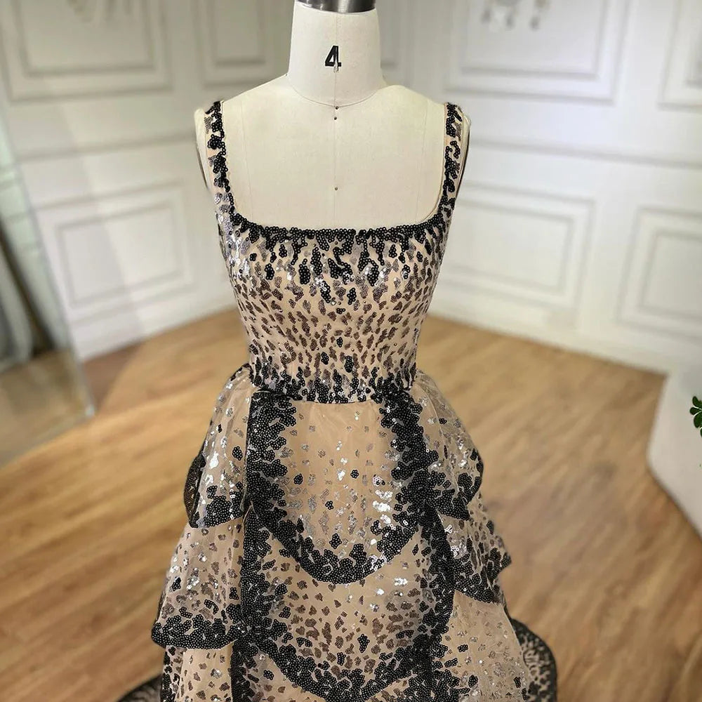 Serene Hill Black Nude Luxury Dubai Evening Dresses 2024 Sparkly Sequin Tiered Ruffles Women Wedding Party Formal Gowns BLA72505