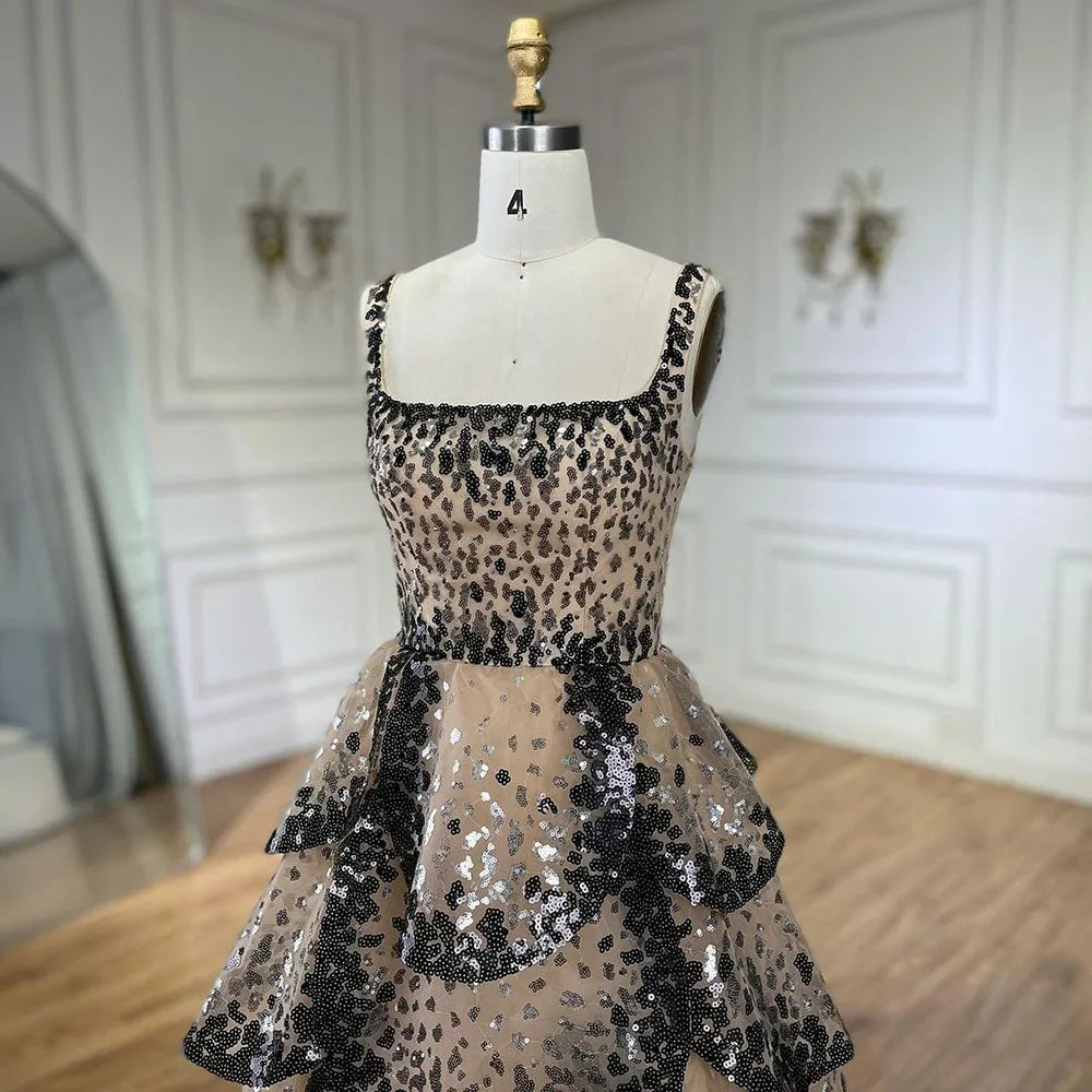 Serene Hill Black Nude Luxury Dubai Evening Dresses 2024 Sparkly Sequin Tiered Ruffles Women Wedding Party Formal Gowns BLA72505