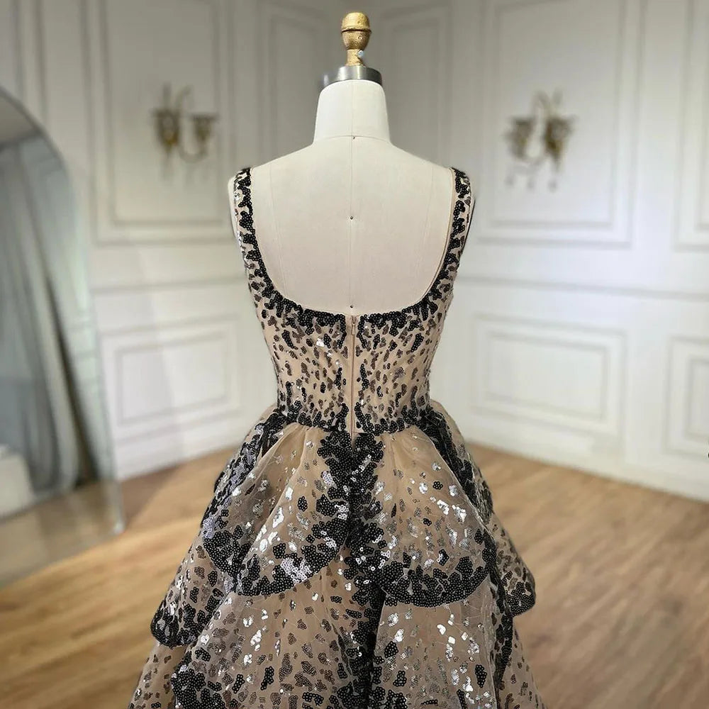 Serene Hill Black Nude Luxury Dubai Evening Dresses 2024 Sparkly Sequin Tiered Ruffles Women Wedding Party Formal Gowns BLA72505