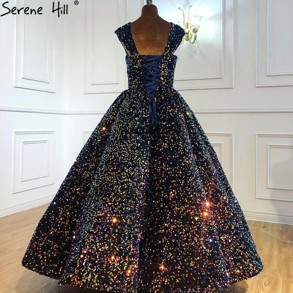 Indigo Blue Gold V-Neck Luxury Evening Dresses 2024 Sleeveless Sequined Sexy Ankle-Length Formal Gowns Serene Hill HA2154