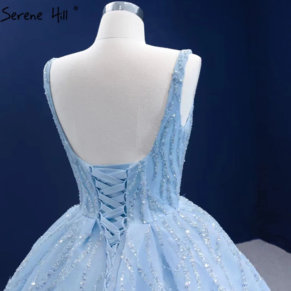 Serene Hill Blue Luxury High end Wedding Dresses 2024 Beaded Sleeveless Lace Up Bridal Dress HM67331 Custom Made