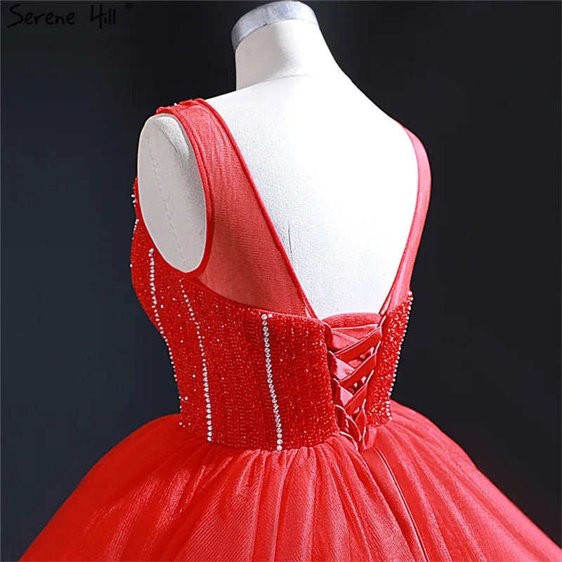 Dubai Red Sexy V-Neck Evening Dresses 2024 Real Photo Beading Sleeveless Lace Up Evening Gowns Serene Hill HM66968