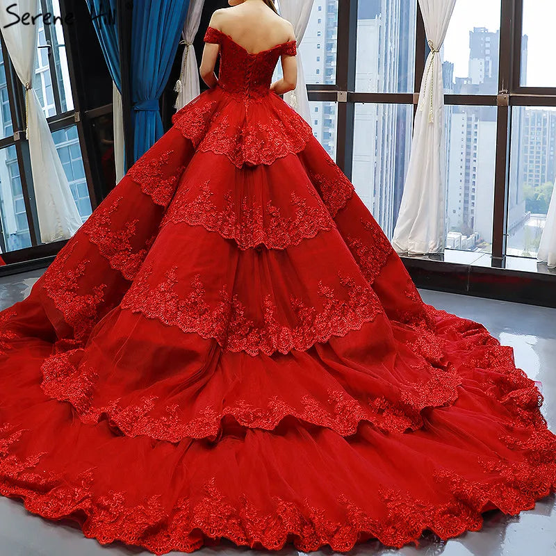 Wine Red Lace Tiered Vintage High-end Sexy Wedding Dress 2024 Off Shoulder Bridal Gowns Real Photo HM66786 Custom Made