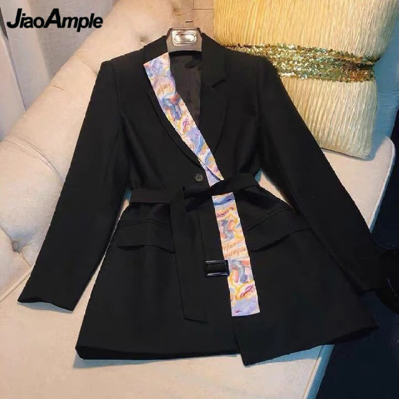 Spring Autumn Women's Long Suit Coats 2021 Office Lady New Graceful Ribbon White Cardigan Whit Waist Fashion Outerwear Female