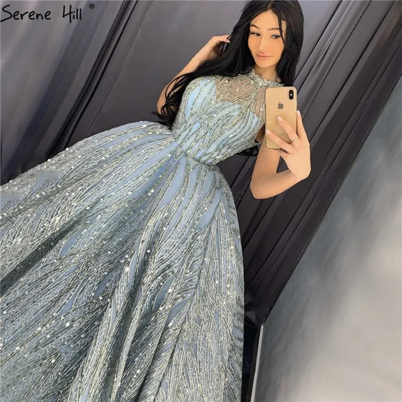 Clear Water Blue High Collar Evening Dresses 2024 Short Sleeve Lace Sequined Bridal Gowns Design Real Photo HM66981