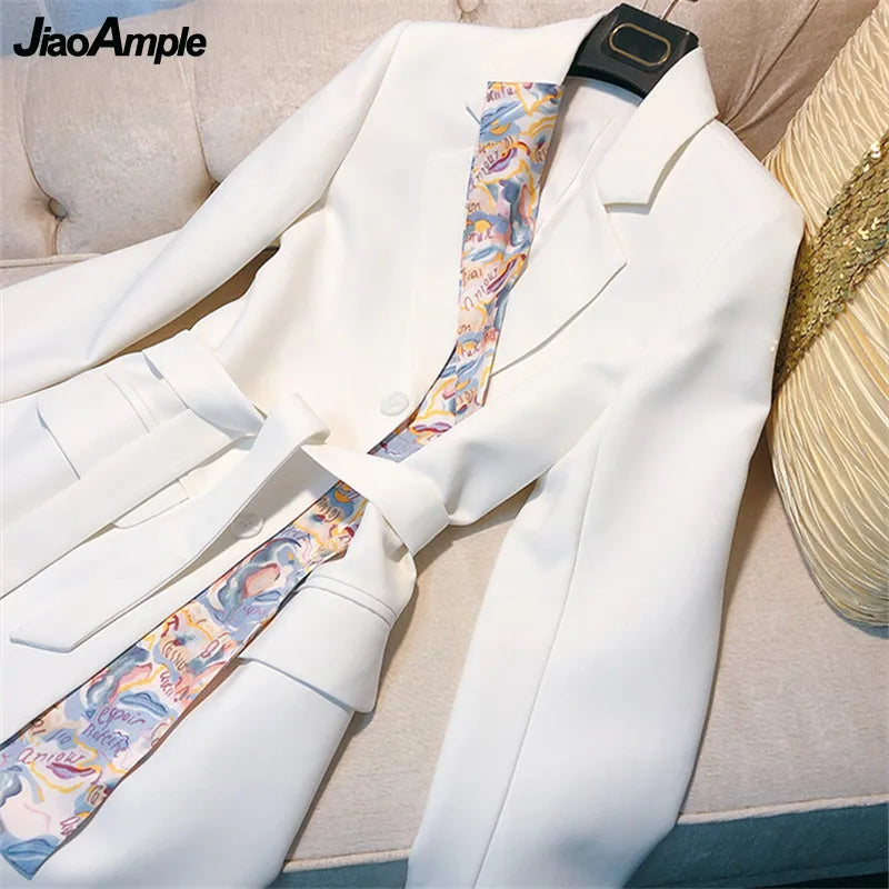 Spring Autumn Women's Long Suit Coats 2021 Office Lady New Graceful Ribbon White Cardigan Whit Waist Fashion Outerwear Female