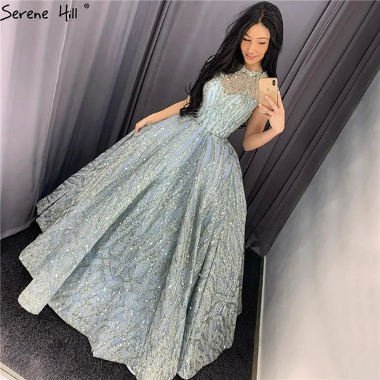 Clear Water Blue High Collar Evening Dresses 2024 Short Sleeve Lace Sequined Bridal Gowns Design Real Photo HM66981