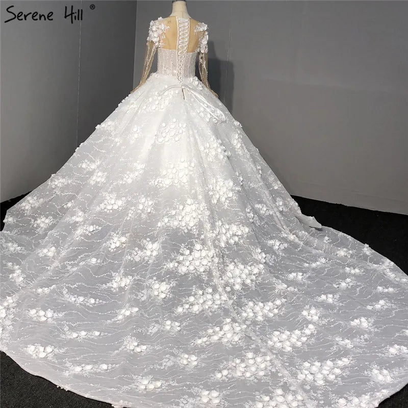 Ivory Long Sleeves Handmade Flowers Wedding Dresses 2024 Dubai O-Neck Vintage Princess Bridal Gowns HA2263 Custom Made