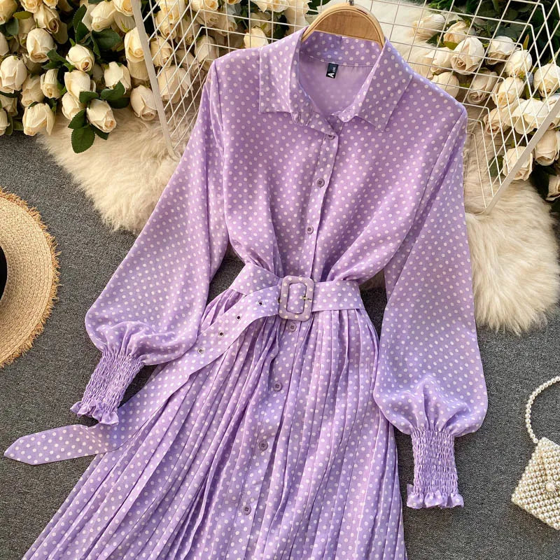 Women's Long Sleeve Polka Dot Pleated Dress Autumn Fashion Vintage Chiffon Casual Shirt Dresses Solid Chic Elegant Female Robe