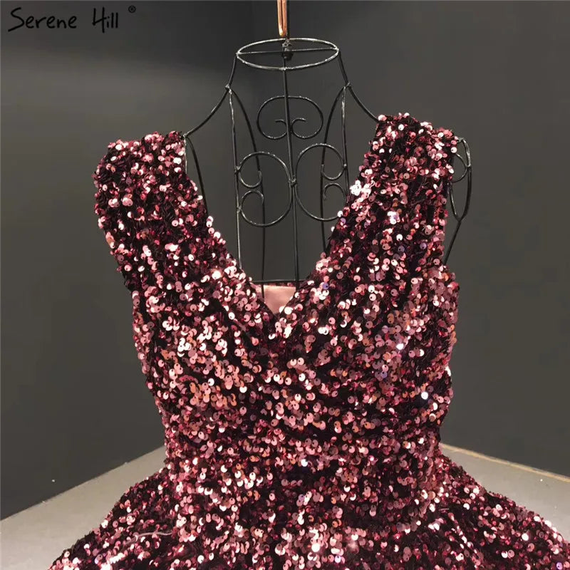 Indigo Blue Gold V-Neck Luxury Evening Dresses 2024 Sleeveless Sequined Sexy Ankle-Length Formal Gowns Serene Hill HA2154