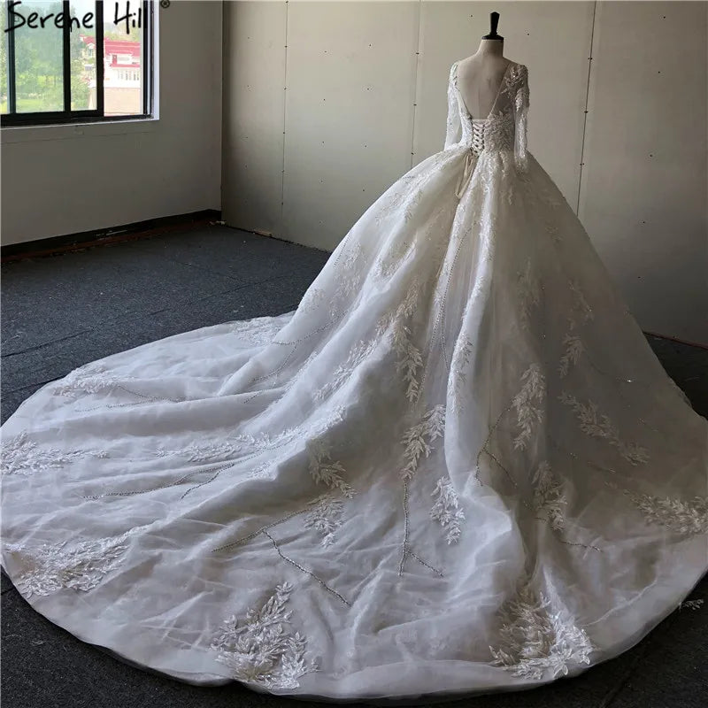 Gold Extreme Luxury Long Sleeves Wedding Dresses 2024 Handmade Flowers Sequined Vintage Bridal Gown HA2184 Custom Made