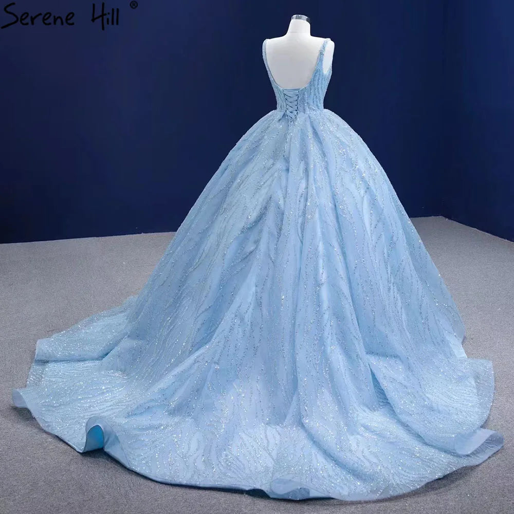 Serene Hill Blue Luxury High end Wedding Dresses 2024 Beaded Sleeveless Lace Up Bridal Dress HM67331 Custom Made