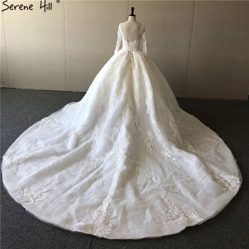Gold Extreme Luxury Long Sleeves Wedding Dresses 2024 Handmade Flowers Sequined Vintage Bridal Gown HA2184 Custom Made