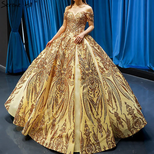 Dubai Luxury Sleeveless Gold Princess Wedding Dress 2024 Off Shoulder Sequine High-end Sexy Bridal Gowns HM66709