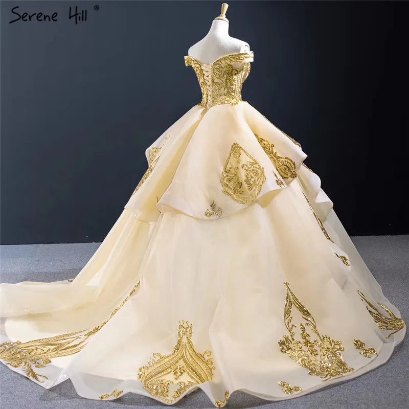 Gold Sweetheart Sexy Sequined Luxury Wedding Dresses 2024 High Quality Off Shoulder Sparkle Bridal Gowns HM67024 Custom Made