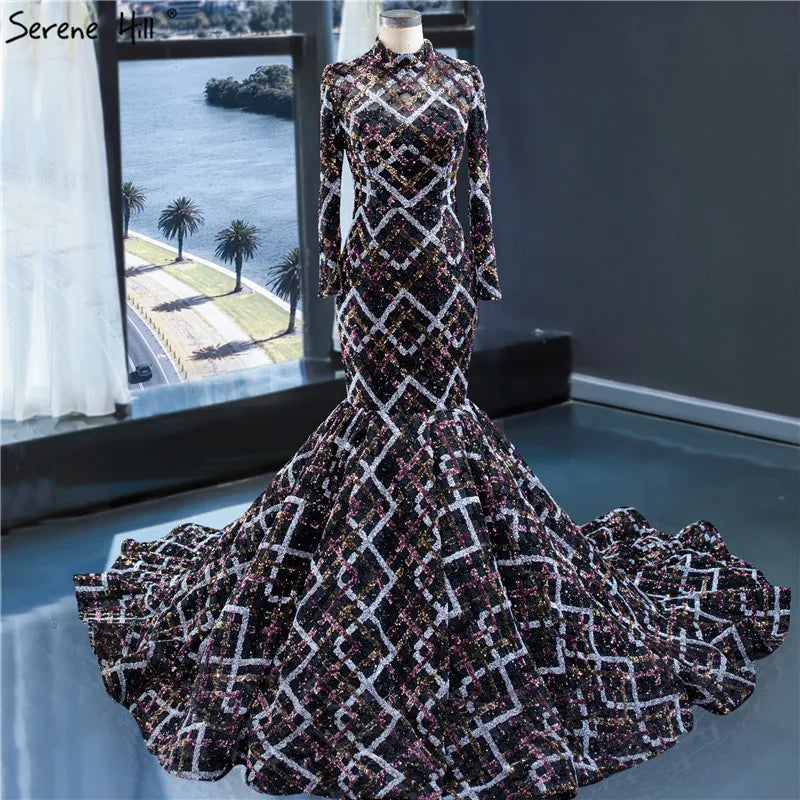 Dubai Black Colorful Sequins Wedding Dresses 2024 Long Sleeve Luxury Mermaid Wedding Gowns HM67018 Custom Made