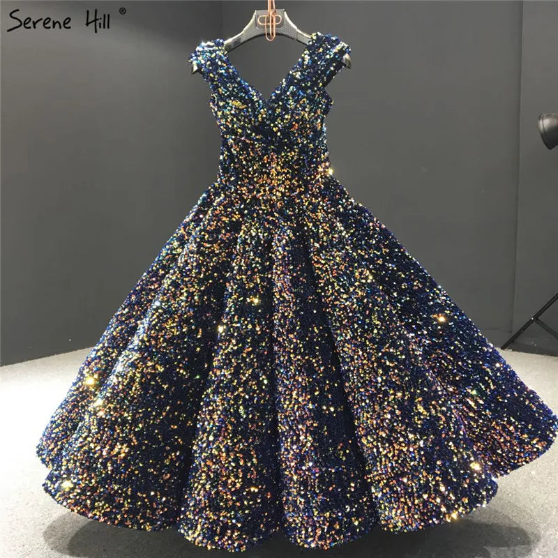 Indigo Blue Gold V-Neck Luxury Evening Dresses 2024 Sleeveless Sequined Sexy Ankle-Length Formal Gowns Serene Hill HA2154