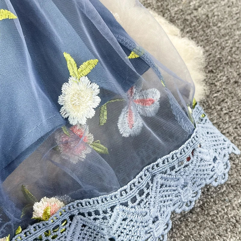 New Fashion Autumn Women O Neck Long Sleeve Mesh Embroidery Hook Flower Slim A-line Dress Elegant Female Party Clothes Vestidos