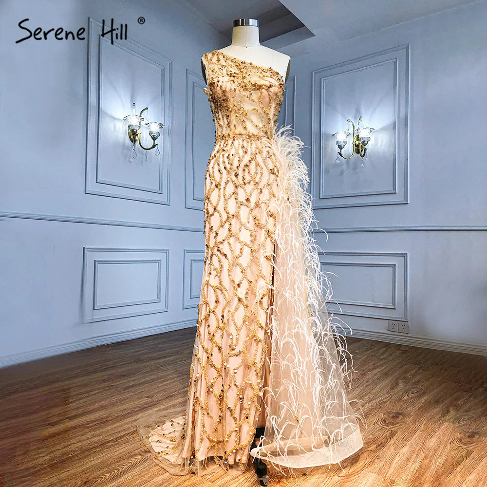 Pink Luxury One Shouder Split Evening Dresse 2023 Elegant Mermaid Beading Gowns Feathers For Women Party BLA70829 Serene Hill