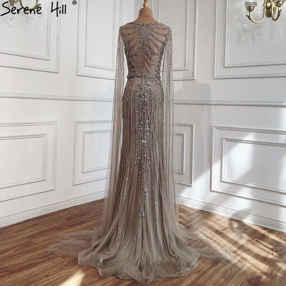 Serene Hill Brown Mermaid Elegant 2024 With Cape Sleeves Beaded Luxury Evening Dresses Gowns   For Women Party LA70638