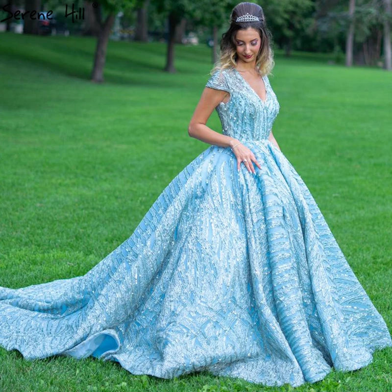 Clear Water Blue High Collar Evening Dresses 2024 Short Sleeve Lace Sequined Bridal Gowns Design Real Photo HM66981