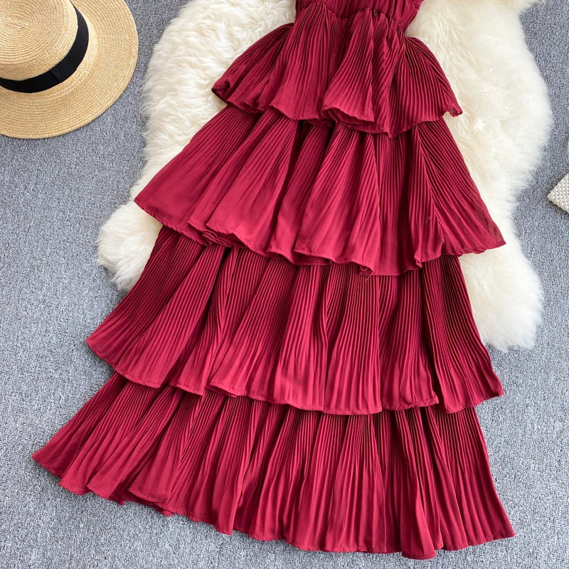 Women Beach Midi Dress 2021 New Summer Sexy V-neck Pleat Layer Ruffled Beach Dresses Ladies Elegant A Line Long Robe Vestido