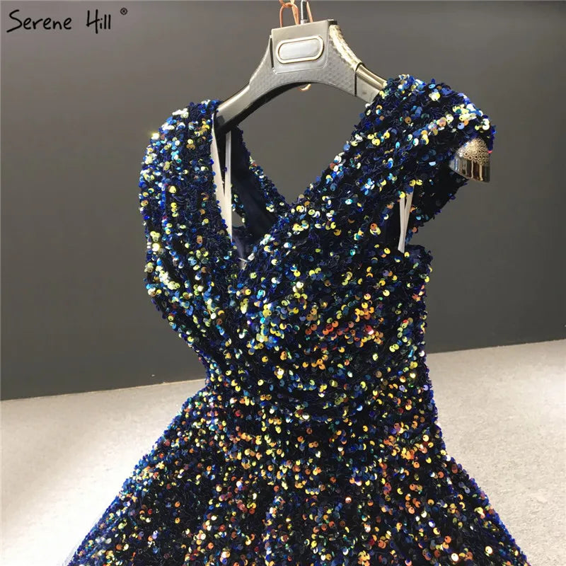 Indigo Blue Gold V-Neck Luxury Evening Dresses 2024 Sleeveless Sequined Sexy Ankle-Length Formal Gowns Serene Hill HA2154