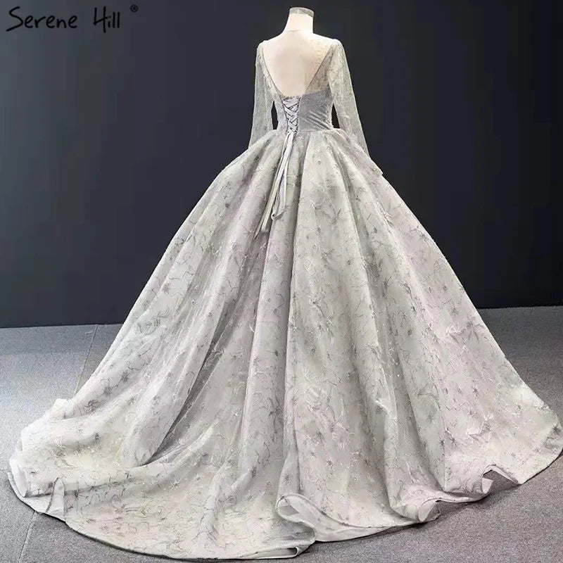 Silver Long Sleeves Sexy Wedding Dresses Design 2024 Handmade Flowers Beading Bridal Gowns Real Photo HM66954 Custom Made