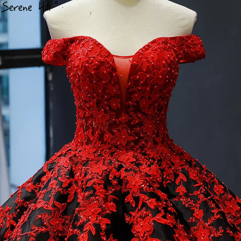 Black Red Off Shoulder Sexy Wedding Dress 2024 Vintage High-end Flowers Pearls Bridal Gowns Real Photo HM66842 Custom Made