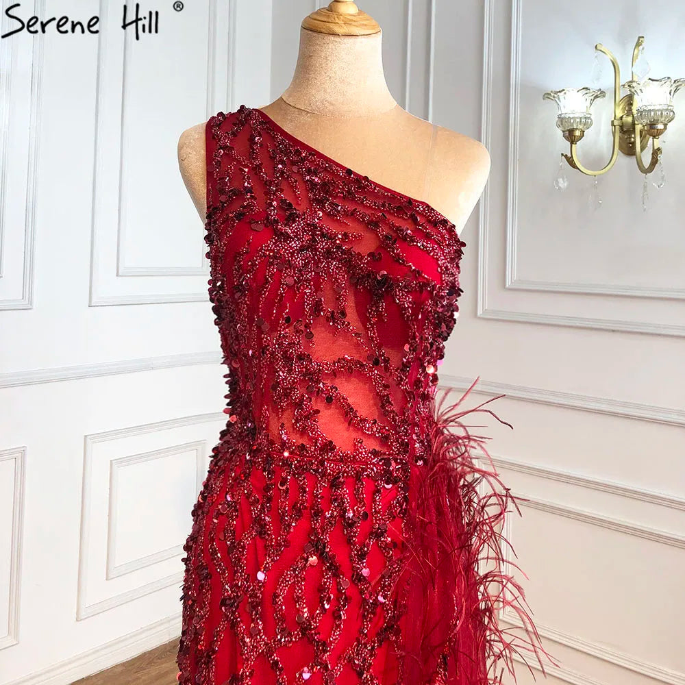Pink Luxury One Shouder Split Evening Dresse 2023 Elegant Mermaid Beading Gowns Feathers For Women Party BLA70829 Serene Hill