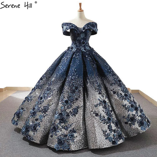 2024 Off Shoulder High-end Blue Bridal Wedding Dress New Sleeveless Sequined Sparkle Weddding Gown Real Photo 66536B