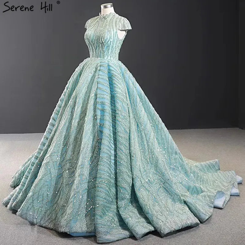 Clear Water Blue High Collar Evening Dresses 2024 Short Sleeve Lace Sequined Bridal Gowns Design Real Photo HM66981
