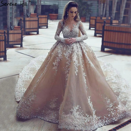 Dubai Champagne Long Sleeves Luxury Wedding Dresses 2024 Handmade Flowers Sequined Bridal Gowns HA2222 Custom Made