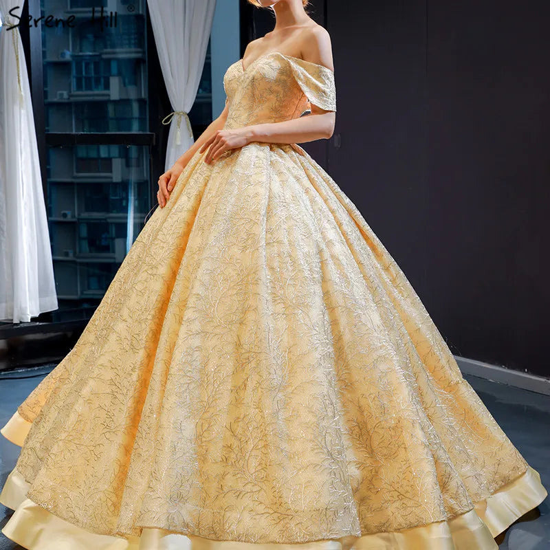 Gold Sexy Sleeveless Luxury Wedding Dresses Design 2024 Off Shoulder Satin Lace Up Bridal Gowns HM66938 Custom Made