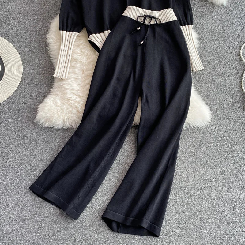 Women Autumn Winter Loose Casual Knitted Clothing Sets V-Neck Patchwork Pullover Sweater+Elastic Waist Trousers Casual Outfits