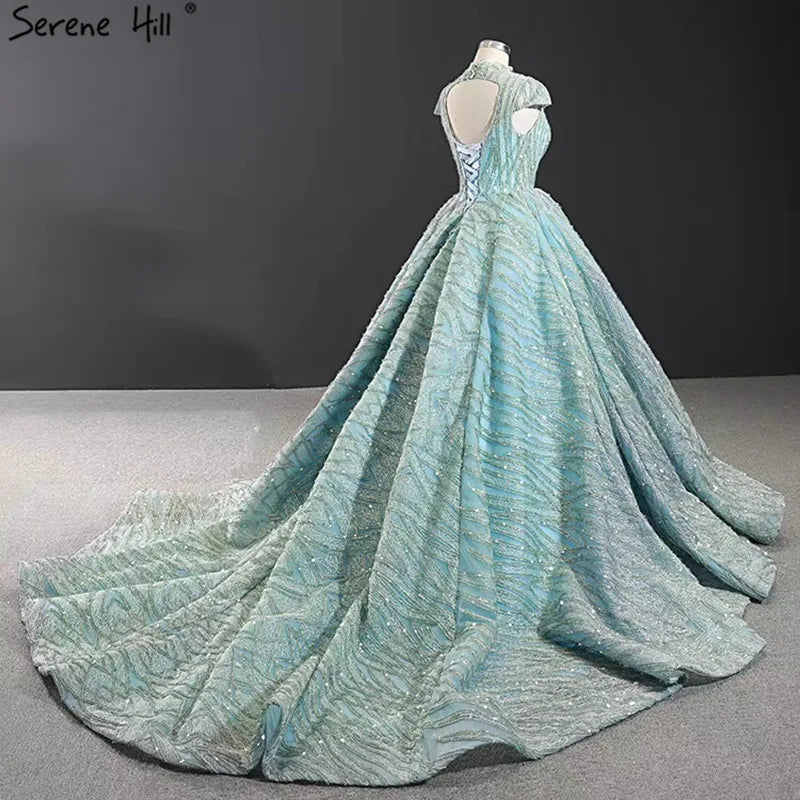 Clear Water Blue High Collar Evening Dresses 2024 Short Sleeve Lace Sequined Bridal Gowns Design Real Photo HM66981