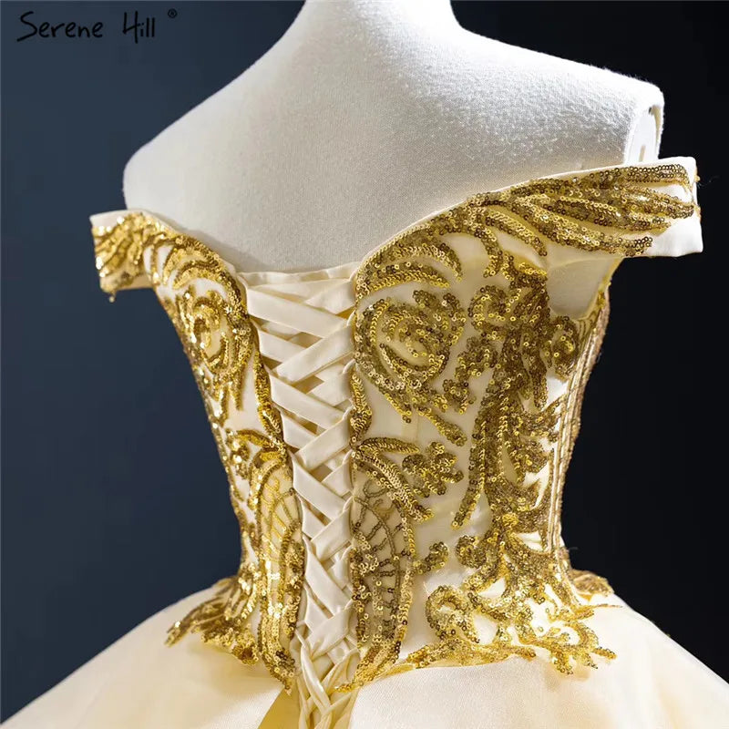 Gold Sweetheart Sexy Sequined Luxury Wedding Dresses 2024 High Quality Off Shoulder Sparkle Bridal Gowns HM67024 Custom Made