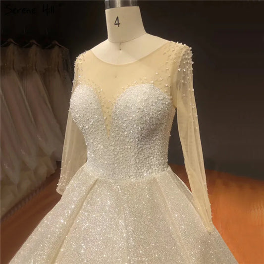 Dubai Champagne Sequined Sparkle Wedding Dresses 2024 Long Sleeve Vintage Princess Bridal Gowns HA2261 Custom Made