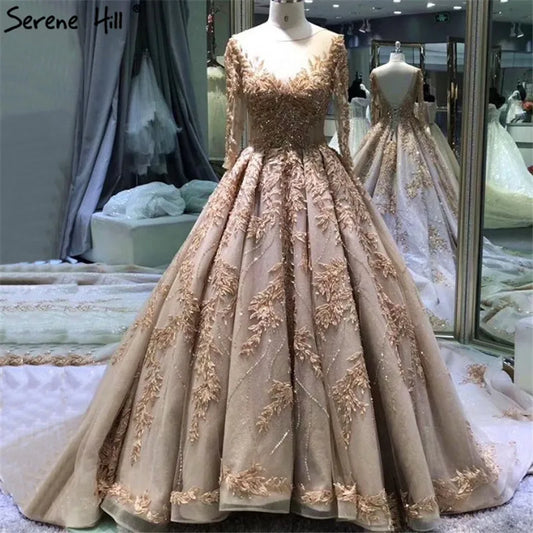 Gold Extreme Luxury Long Sleeves Wedding Dresses 2024 Handmade Flowers Sequined Vintage Bridal Gown HA2184 Custom Made