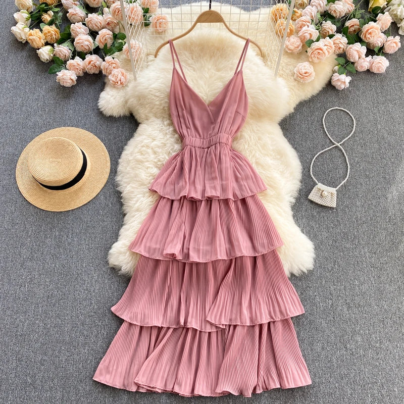 Women Beach Midi Dress 2021 New Summer Sexy V-neck Pleat Layer Ruffled Beach Dresses Ladies Elegant A Line Long Robe Vestido