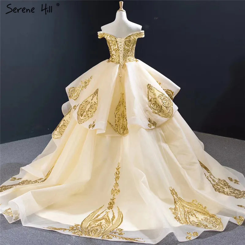 Gold Sweetheart Sexy Sequined Luxury Wedding Dresses 2024 High Quality Off Shoulder Sparkle Bridal Gowns HM67024 Custom Made
