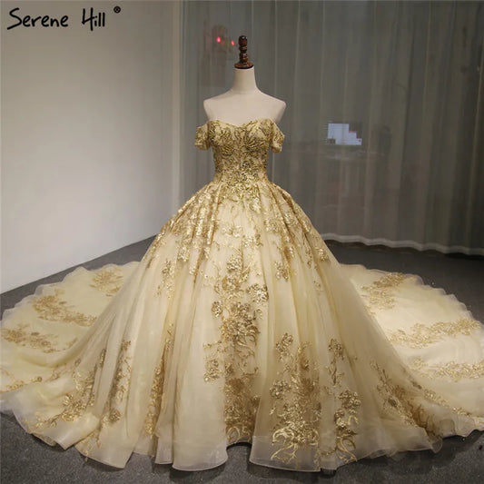 Dubai High-end Short Sleeves Luxury Wedding Dress Vintage Sexy Off Shoulder Gold Beading Sequined Wedding Bride Gown 2024