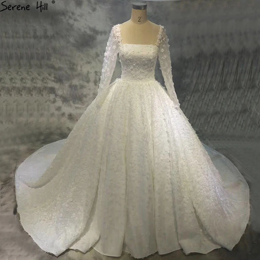 Dubai New White Luxury Big Trian Wedding Dress 2024 Long Sleeves Handmade Flowers High-eng Fashion Bridal Gown HA2164