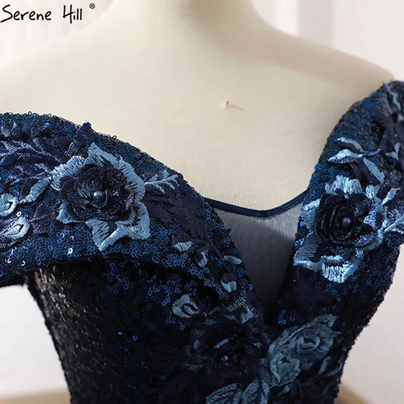2024 Off Shoulder High-end Blue Bridal Wedding Dress New Sleeveless Sequined Sparkle Weddding Gown Real Photo 66536B