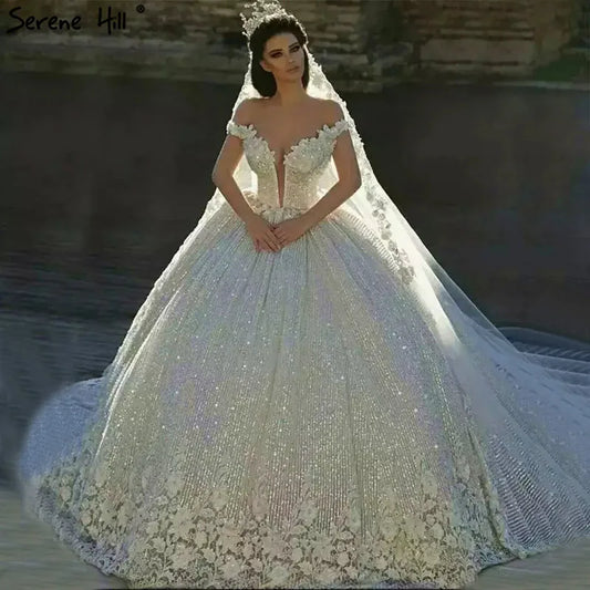 Dubai Design White Luxury Vintage Wedding Dresses 2024 Off Shoulder Handmade Flowers Bridal Gown Real Photo HA2195
