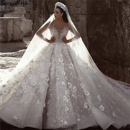 Extreme Luxury Ivory Long Sleeves Wedding Dresses 2024 High-end Handmade Flowers Sequined Bridal Gown HA2213 Custom Made
