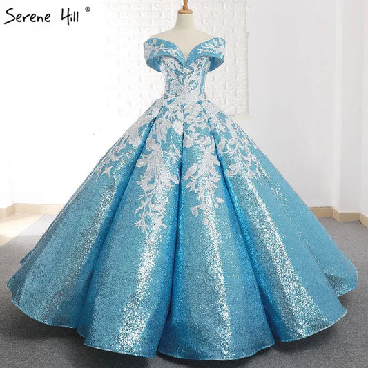 Handmade Flowers Sequined Sparkle Luxury Wedding Dress 2023 Sky Blue Off Shoulder Sexy Fashion Bridal Gown Real Photo 66667
