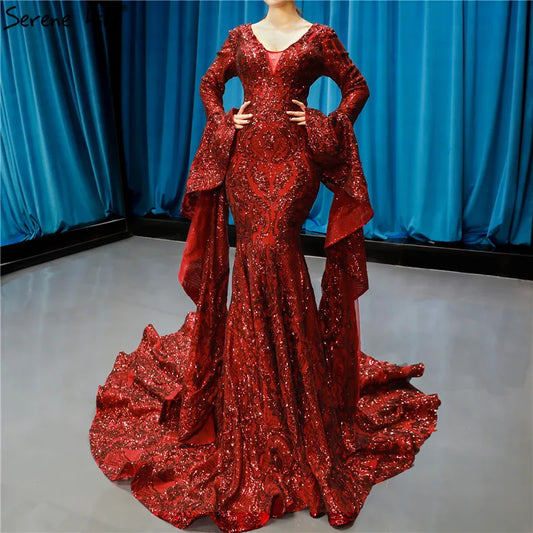 Dubai Design Wine Red Luxury Evening Dresses 2024 Sequined Long Sleeve Sparkle Fashion Bride Toasting Gowns HM66740